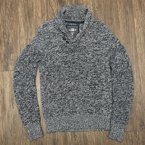 H&M L.O.G.G. Men’s Shawl Collar Knit Sweater Navy White Cotton Size Small
